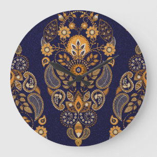 Gold und Blau, nahtlose Blumenmuster. Große Wanduhr