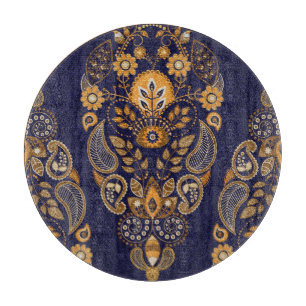 Gold und Blau, nahtlose Blumenmuster. Schneidebrett