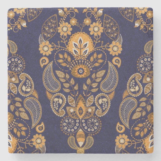 Gold und Blau, nahtlose Blumenmuster. Steinuntersetzer (Vorderseite)