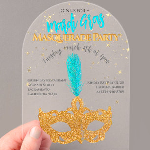 Gold- und Blaue Funken Maske Mardi Gras Party Acryleinladungen
