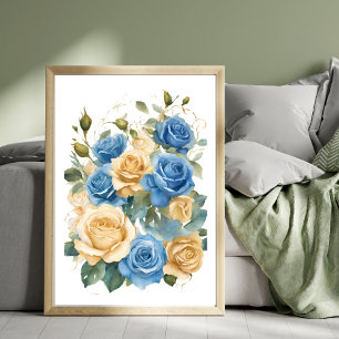 Gold- und Blaue Rosen Romantisches Wasserfarbenpos Poster