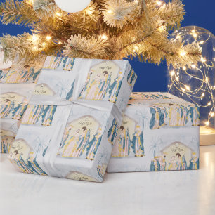 Gold und blaue Weihnachtsgeschichte  Geschenkpapier