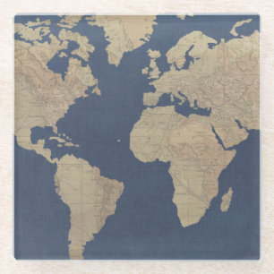 Gold und blaue Weltkarte Glasuntersetzer