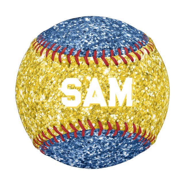Gold und Blauer Glitzer Fett Sport Monogram Baseball (Vorderseite)