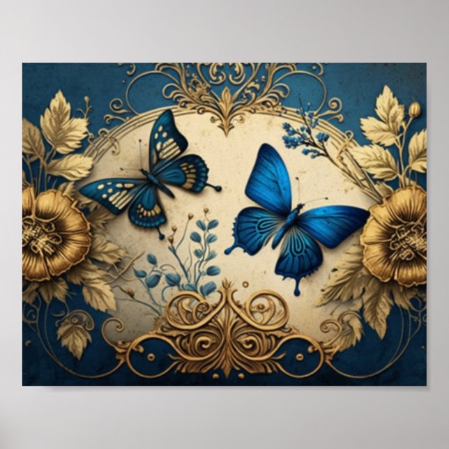 Gold und Blauer Goldschmetterling Decoupage Poster (Vorne)
