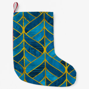 Gold und blaues Muster auf Grunge Hintergrund, nah Kleiner Weihnachtsstrumpf