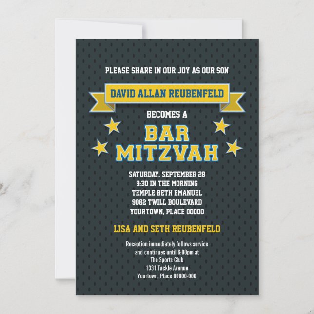 Gold und blaues Sport-Gerät-Twill-Bar Mitzvah Einladung (Vorderseite)