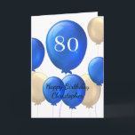 Gold und Blue Balloons 80th Birthday Card Karte<br><div class="desc">Sie suchen eine besondere und personalisierte Art, einem besonderen Mann in Ihrem Leben einen glücklichen 80. Geburtstag zu wünschen? Unsere personalisierte 80. Geburtstagskarte ist der perfekte Weg, um ihm zu zeigen, wie wichtig Ihnen das ist. Diese Karte mit einem goldenen und blauen Ballondesign kann auf der Vorderseite mit dem Namen...</div>