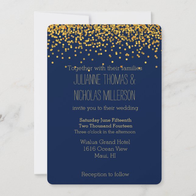 Gold und Blue Confetti Dots Wedding Einladung (Vorderseite)