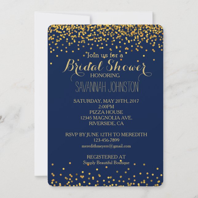 Gold und Blue Glam Confetti Dots Brautparty Einladung (Vorderseite)