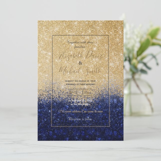 Gold und Blue Glitzer Ombre Luxury Design Einladung (Stehend Vorderseite)