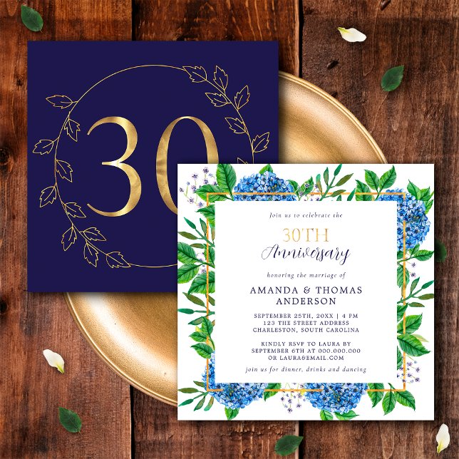 Gold und Blue Hydrangea 30. Hochzeitstag Einladung (Front / Back)