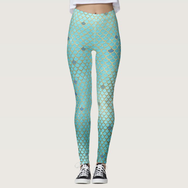 Gold und Blue Ombre Mermaid Scales Leggings (Vorderseite)