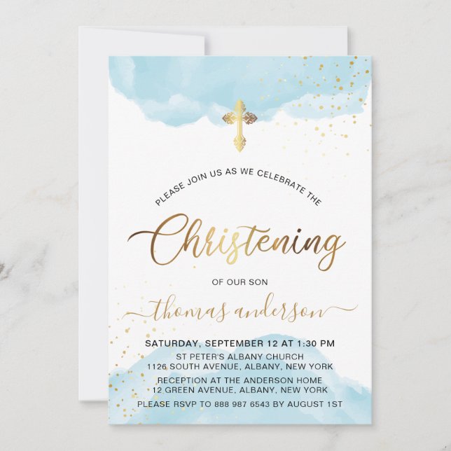 Gold und Blue Watercolor Boy Christening Einladung (Vorderseite)