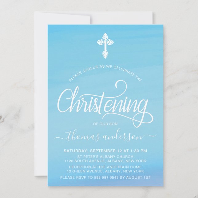 Gold und Blue Watercolor Boys Christening Einladung (Vorderseite)