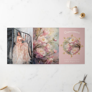 Gold und Blume Quinceanera Dreifach Gefaltete Einladung