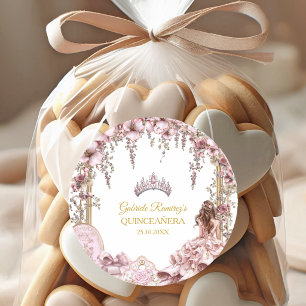 Gold- und Blush-Pink-Tiara-Floral-Quinceañera Runder Aufkleber