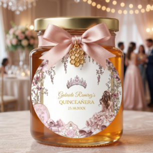 Gold- und Blush-Pink-Tiara-Floral-Quinceañera Runder Aufkleber