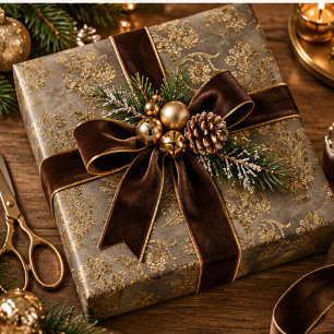 Gold- und Bronzebrown-Damask-Fauxvelvet-Weihnachte Geschenkpapier
