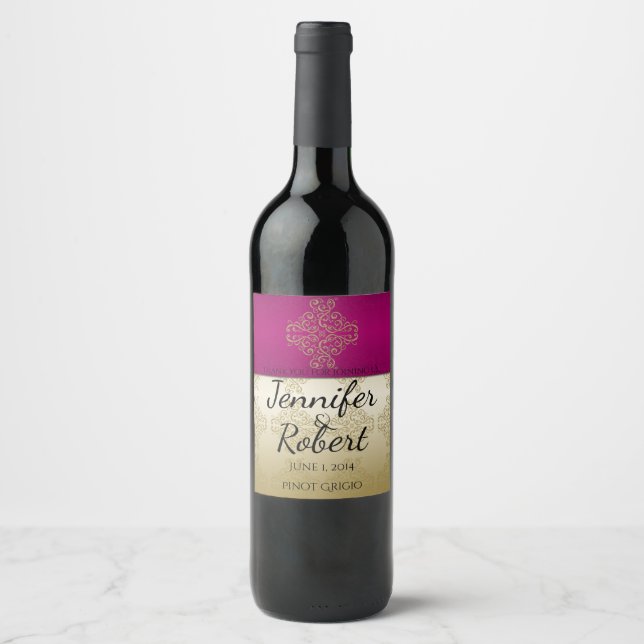 Gold und Burgund Damask Posh Wedding Wine Label Weinetikett (Vorderseite)
