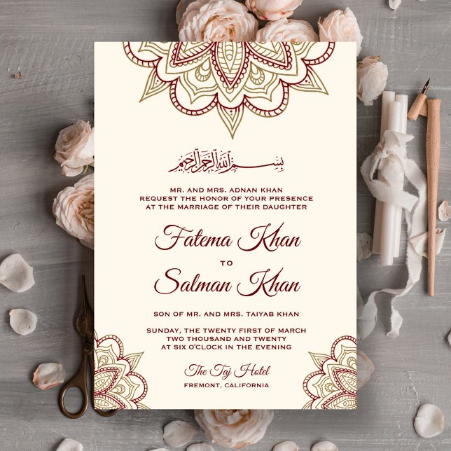 Gold und Burgund Henna Mehndi Islamische Hochzeit Einladung (Von Creator hochgeladen)