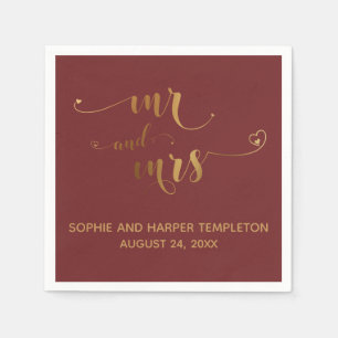 Gold und Burgund Mr. and Mrs. Calligraphy w Hearts Serviette