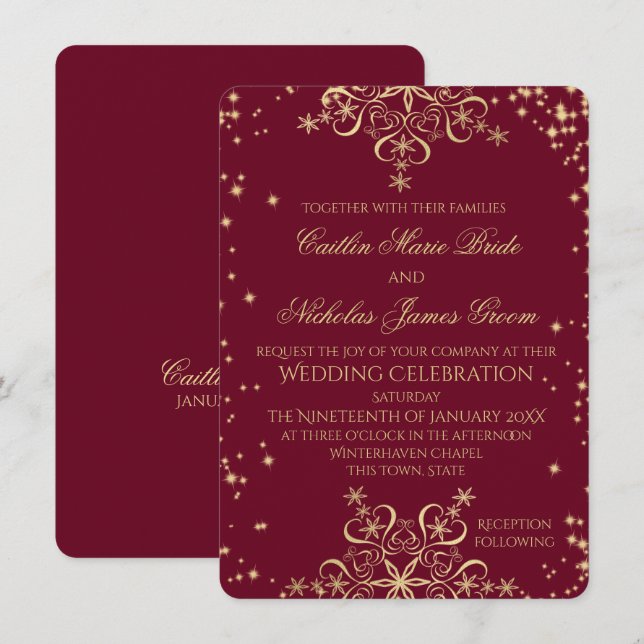 Gold und Burgund Winter Hochzeitssnowflakes Einladung (Vorne/Hinten)