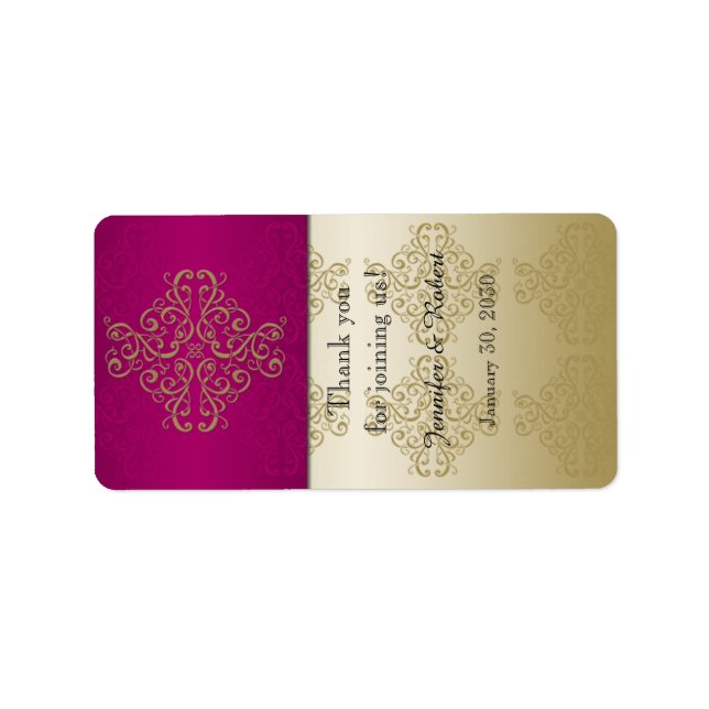 Gold- und Burgundy-Damaskus-Hochzeitsplatz Adressaufkleber (Vorne)