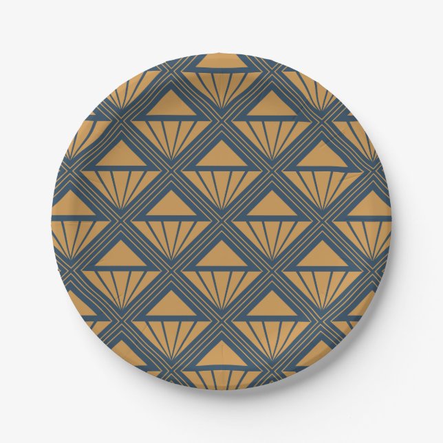 Gold und dunkelblau Art Deco Design mit Rhombus Pappteller (Vorderseite)