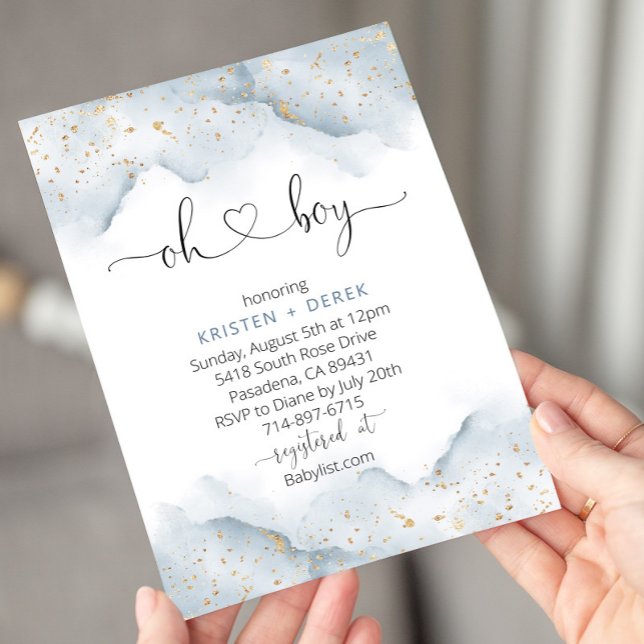 Gold und Dusty Blue Watercolor Babydusche Einladung (Von Creator hochgeladen)