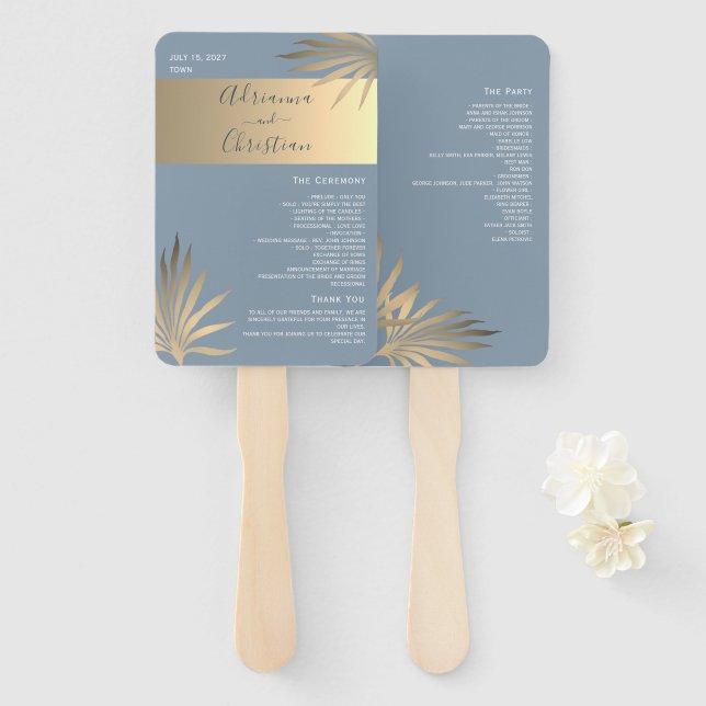 Gold und Dusty Blue Wedding Program Hand Fan Fächer (Vorne und Hinten)