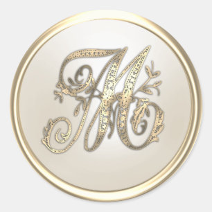 Gold- und Elfenbein verziertes Initial-Monogramm M Runder Aufkleber