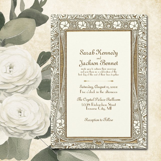 Gold und Elfenbeinküste Elegante Vintage Jugendsti Einladung (Impress your guests with these Elegant Art Nouveau  gold on ivory wedding Invitations.  )