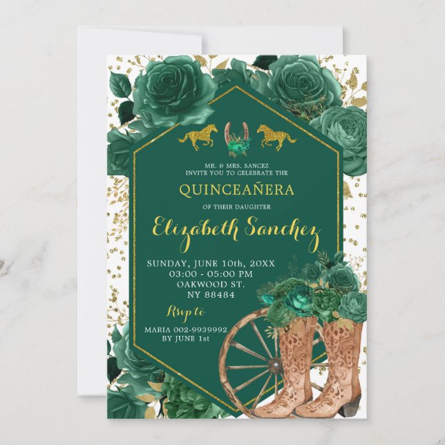 Gold und Emerald Green Western Charra Quinceañera Einladung (Vorderseite)