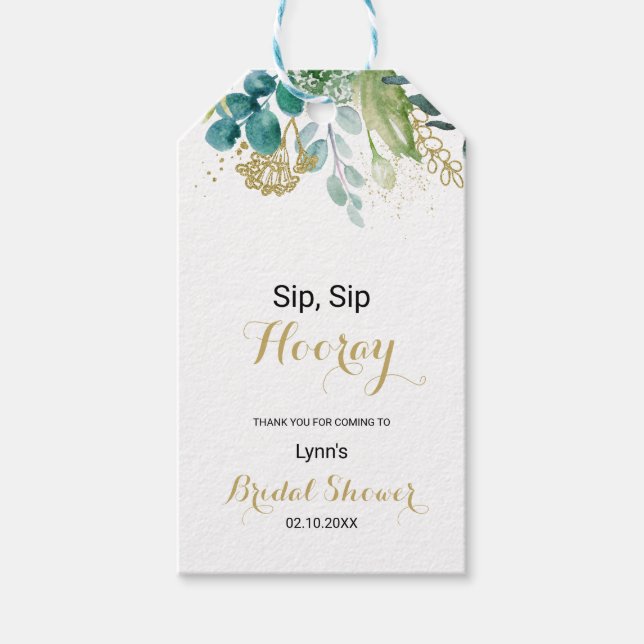 Gold und Eukalyptus Sip Sip Hooray Brautparty Geschenkanhänger (Vorderseite)