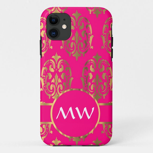 Gold und Fuchsienrosa Damastmuster Case-Mate iPhone Hülle (Rückseite)