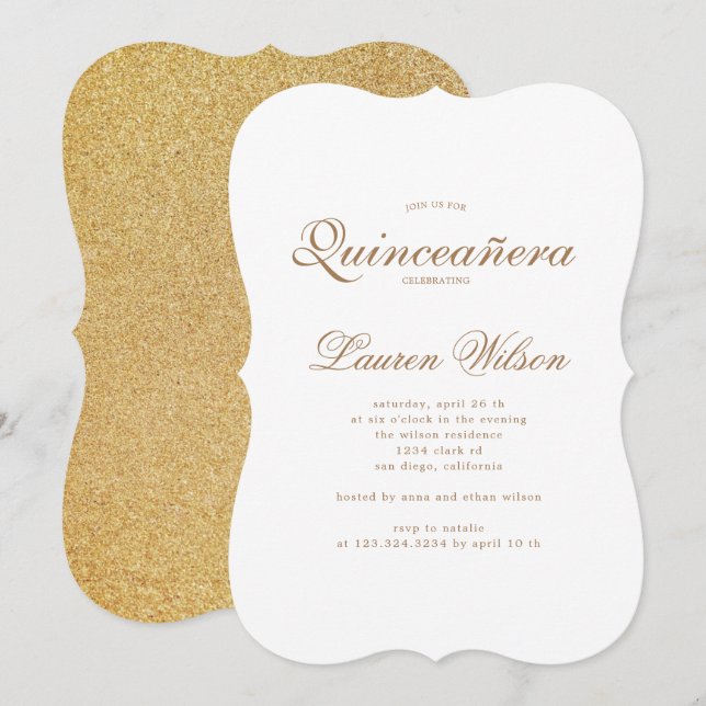 Gold und Glitzer Quinceanera Einladung (Vorne/Hinten)