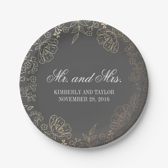 Gold-und grauer Blumenwreath-Vintage Hochzeit Pappteller (Vorderseite)