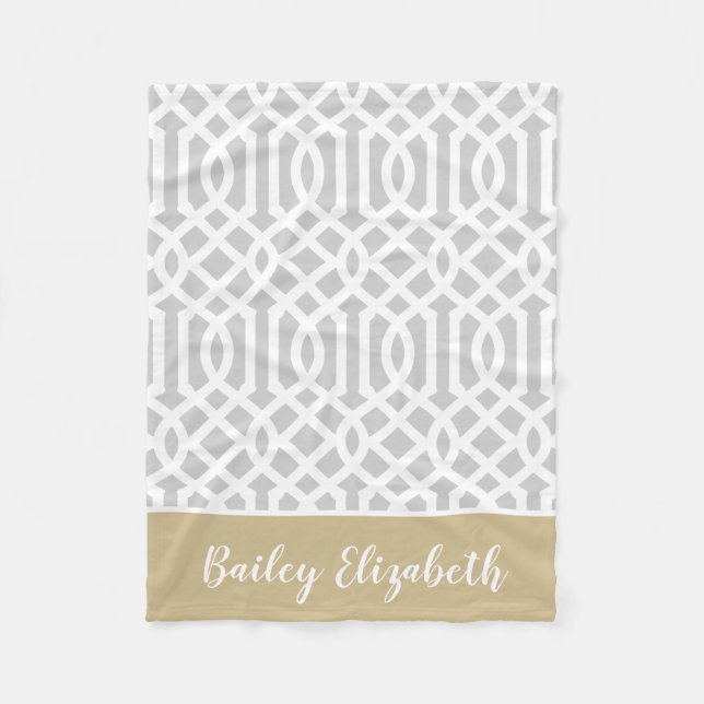 Gold und Gray Trellis Monogram | Editierbare Farbe Fleecedecke (Vorderseite)