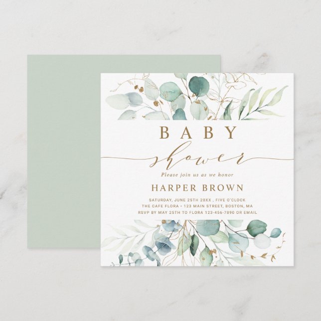 Gold und Green Botanical Baby Showplatz Einladung (Vorne/Hinten)