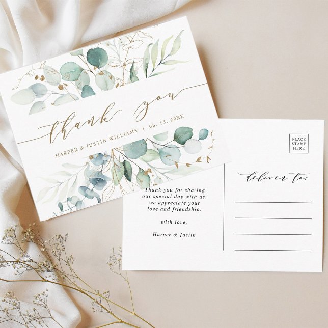 Gold und Green Botanical Wedding Vielen Dank Postkarte (Front & Back)