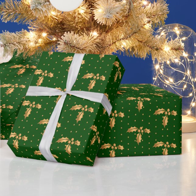 Gold und Green Christmas Holly Geschenkpapier (Feiertage)