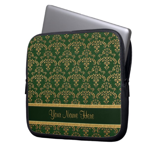Gold- und Green Damask Muster Laptopschutzhülle (Vorderseite Links)