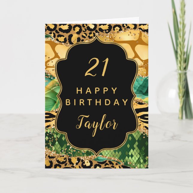 Gold und Green Safari Agate Happy Birthday Karte (Vorderseite)