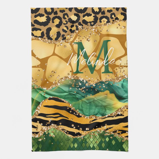 Gold und Green Safari Animal Print Agate Geschirrtuch (Vertikal)