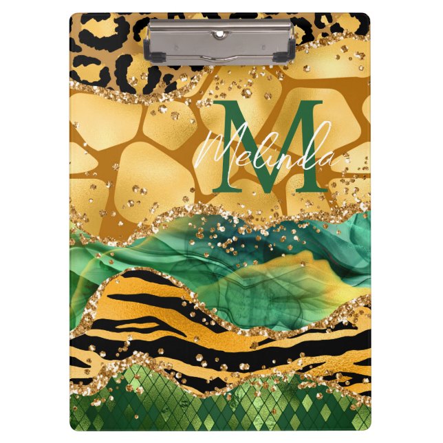 Gold und Green Safari Animal Print Agate Klemmbrett (Vorderseite)