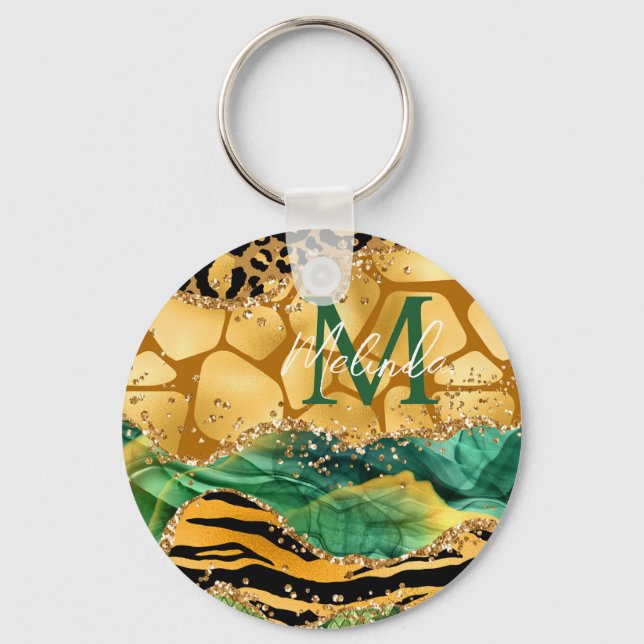 Gold und Green Safari Animal Print Agate Schlüsselanhänger (Vorderseite)