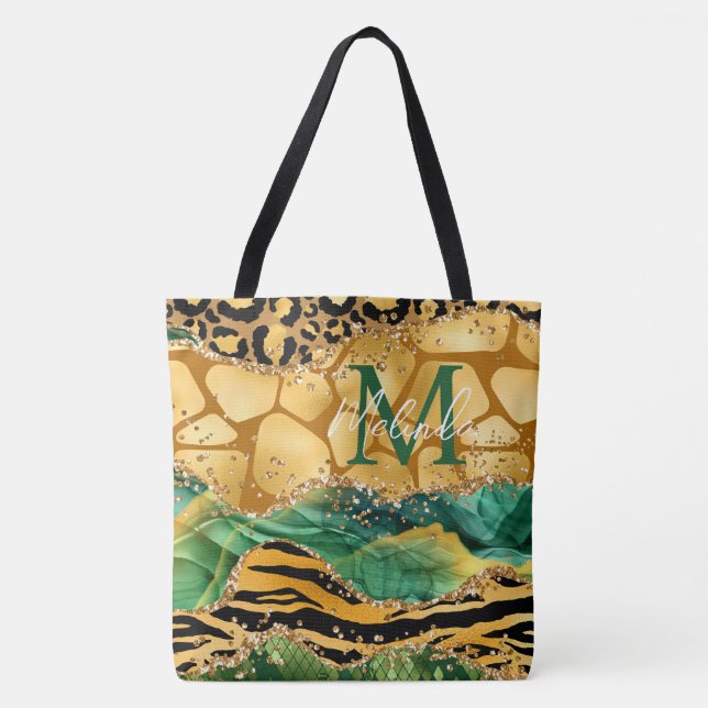 Gold und Green Safari Animal Print Agate Tasche (Vorderseite)