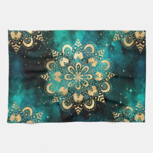 Gold- und Grün-Galaxie-Dharma-Mandala-Muster Geschirrtuch