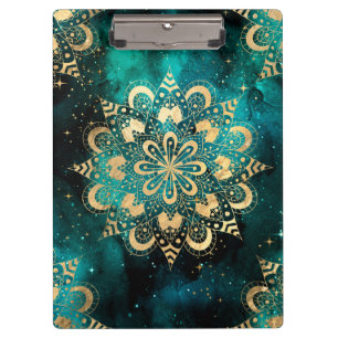 Gold- und Grün-Galaxie-Dharma-Mandala-Muster Klemmbrett